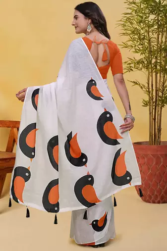 White printed art silk designer pallu saree