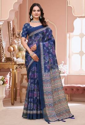 Navy blue printed art silk designer pallu saree 1