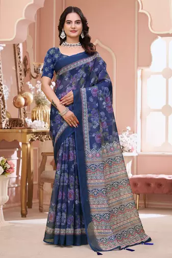 Navy blue printed art silk designer pallu saree