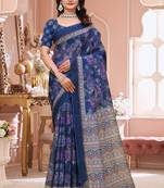 Navy blue printed art silk designer pallu saree