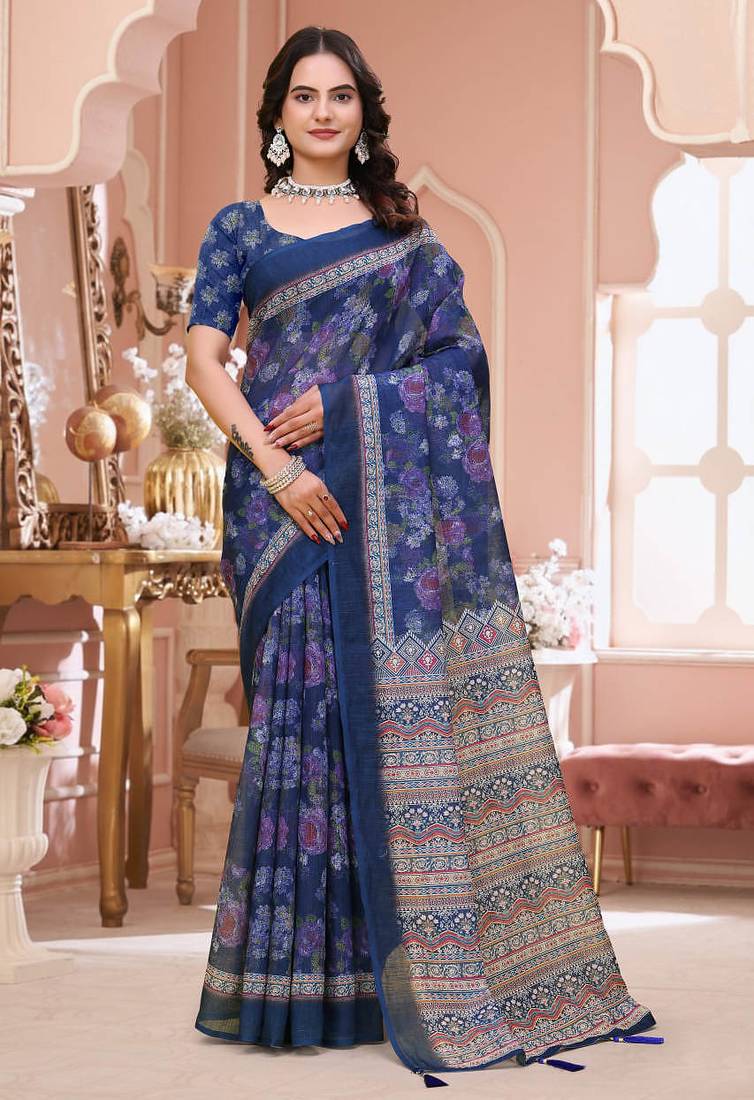 Navy blue printed art silk designer pallu saree
