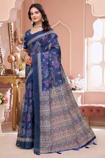 Navy blue printed art silk designer pallu saree