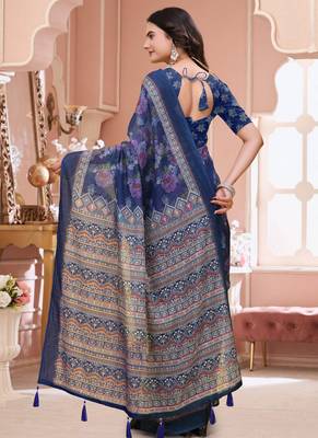 Navy blue printed art silk designer pallu saree 3