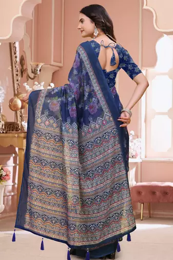 Navy blue printed art silk designer pallu saree