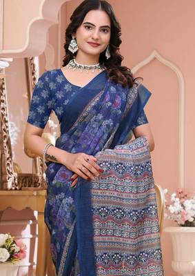 Navy blue printed art silk designer pallu saree 4