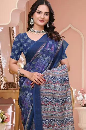 Navy blue printed art silk designer pallu saree