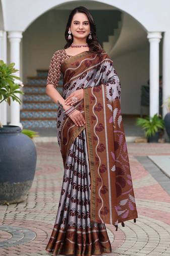Grey printed art silk designer pallu saree