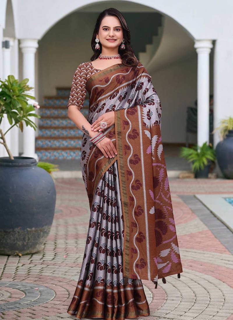 Grey printed art silk designer pallu saree