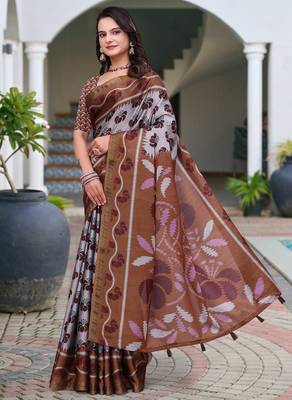 Grey printed art silk designer pallu saree 2