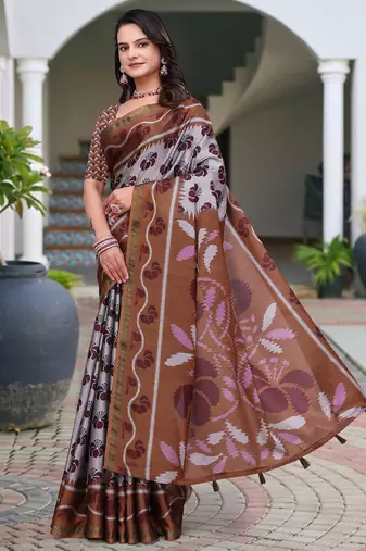 Grey printed art silk designer pallu saree