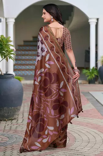Grey printed art silk designer pallu saree