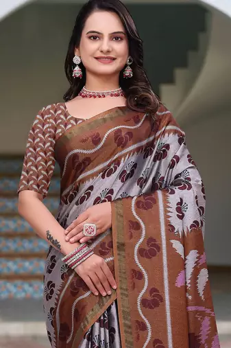 Grey printed art silk designer pallu saree
