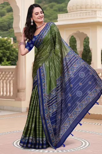 Mehendi printed art silk designer pallu saree