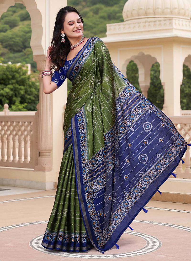 Mehendi printed art silk designer pallu saree