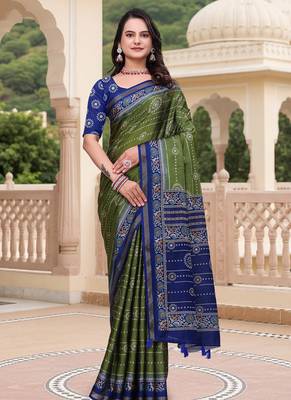 Mehendi printed art silk designer pallu saree 2