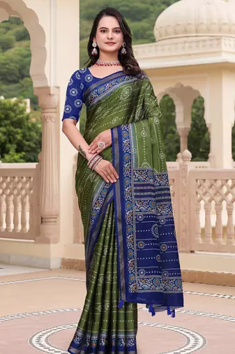 Mehendi printed art silk designer pallu saree