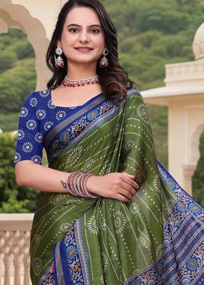 Mehendi printed art silk designer pallu saree 4