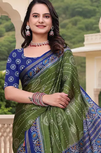 Mehendi printed art silk designer pallu saree