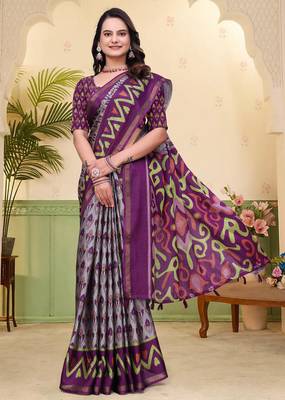 Grey printed art silk designer pallu saree 1