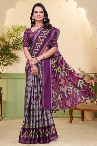 Grey printed art silk designer pallu saree