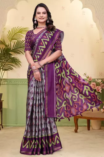 Grey printed art silk designer pallu saree