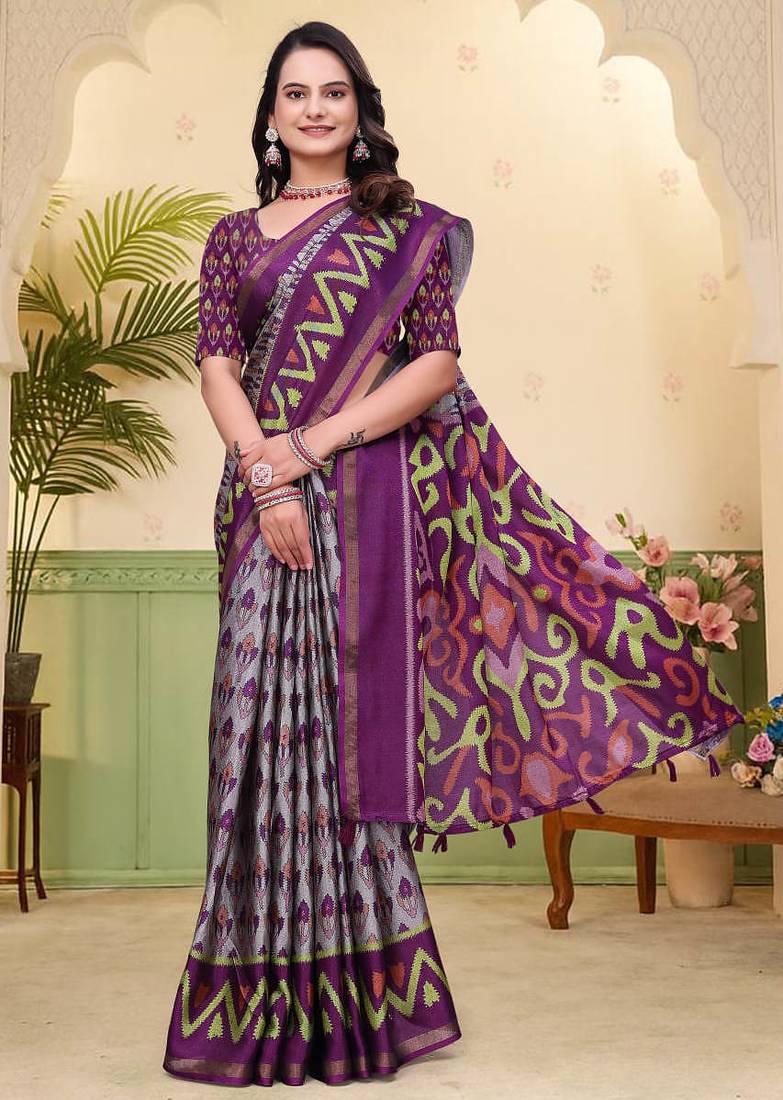 Grey printed art silk designer pallu saree