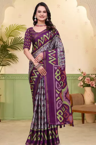 Grey printed art silk designer pallu saree
