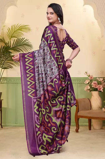 Grey printed art silk designer pallu saree
