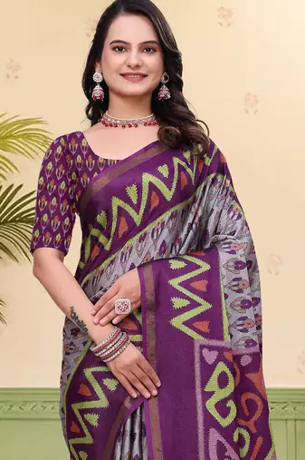 Grey printed art silk designer pallu saree