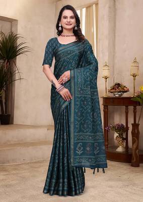 Green printed art silk designer pallu saree 1