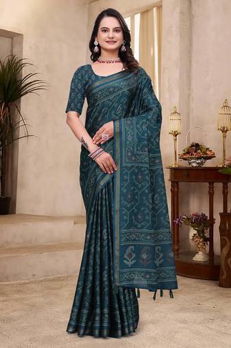 Green printed art silk designer pallu saree