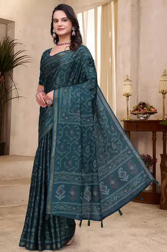 Green printed art silk designer pallu saree
