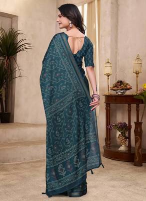 Green printed art silk designer pallu saree 3