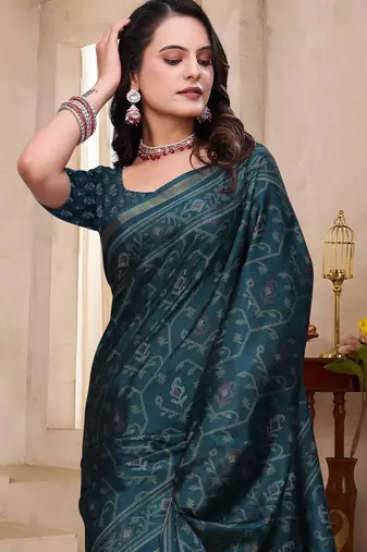 Green printed art silk designer pallu saree