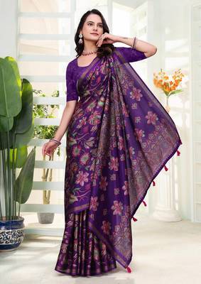 Purple printed art silk designer pallu saree 1