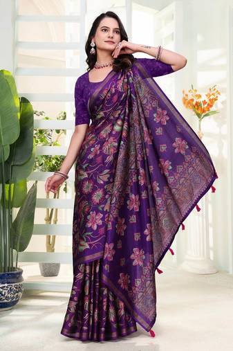 Purple printed art silk designer pallu saree