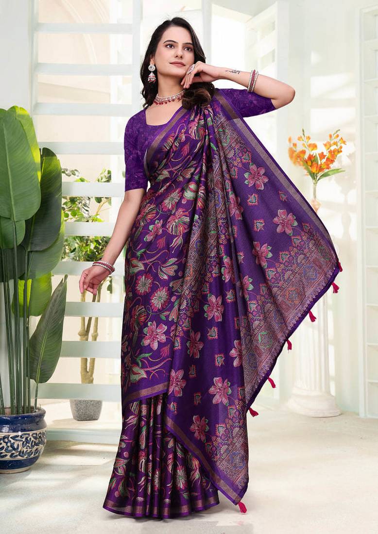 Purple printed art silk designer pallu saree