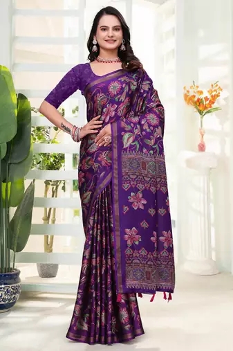 Purple printed art silk designer pallu saree