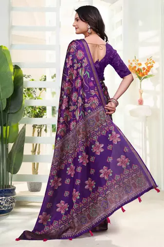 Purple printed art silk designer pallu saree