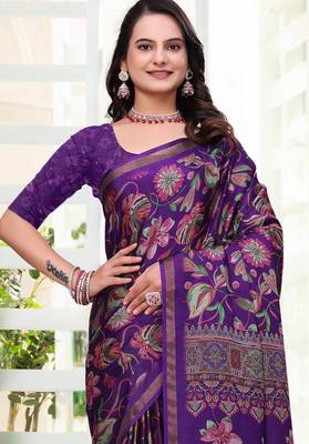 Purple printed art silk designer pallu saree 4