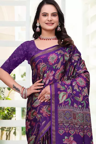Purple printed art silk designer pallu saree