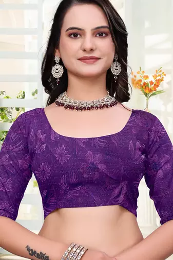 Purple printed art silk designer pallu saree