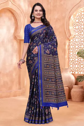 Navy blue printed art silk designer pallu saree