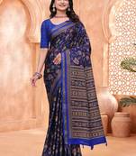 Navy blue printed art silk designer pallu saree
