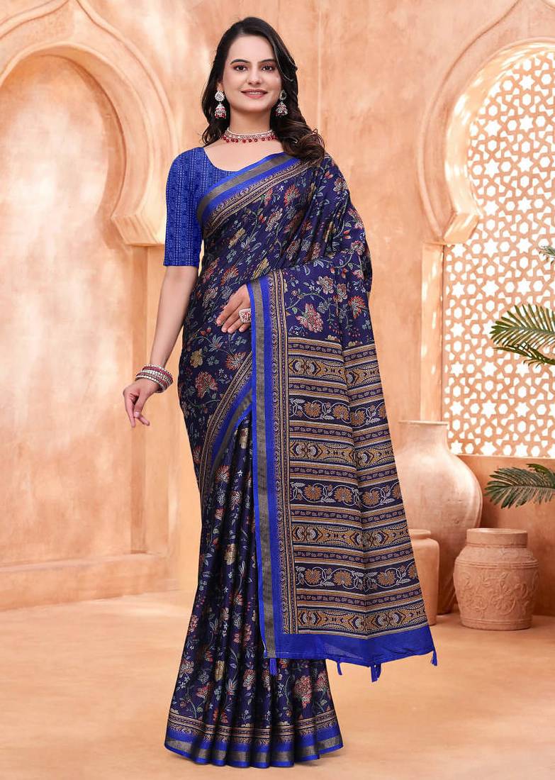 Navy blue printed art silk designer pallu saree