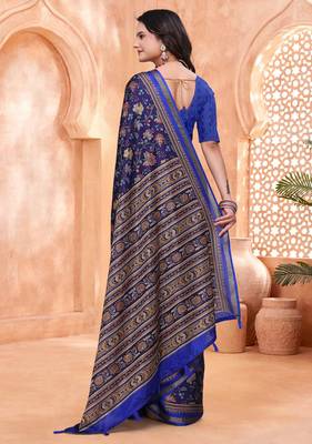 Navy blue printed art silk designer pallu saree 3