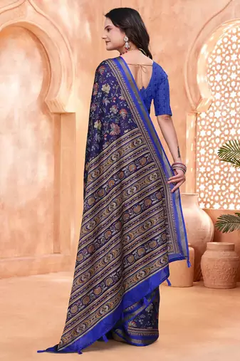 Navy blue printed art silk designer pallu saree