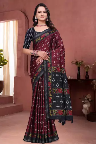 Maroon printed art silk designer pallu saree