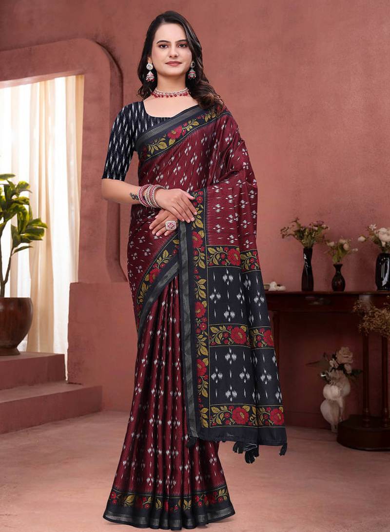 Maroon printed art silk designer pallu saree