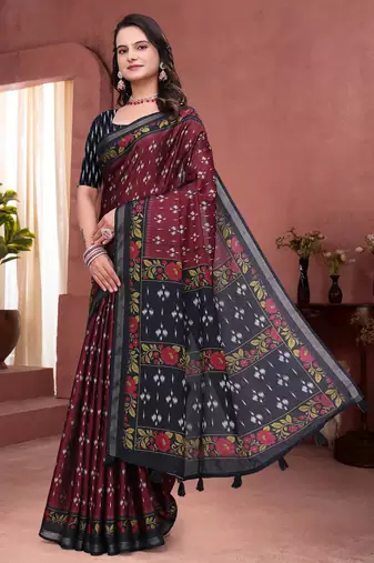 Maroon printed art silk designer pallu saree